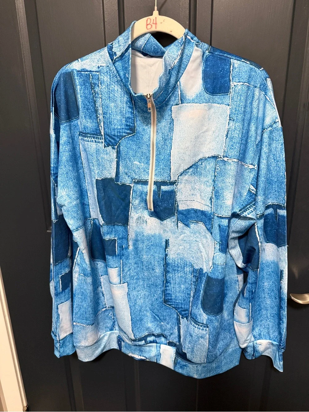 Casual Zip-Neck Patchwork Print Top - Blue